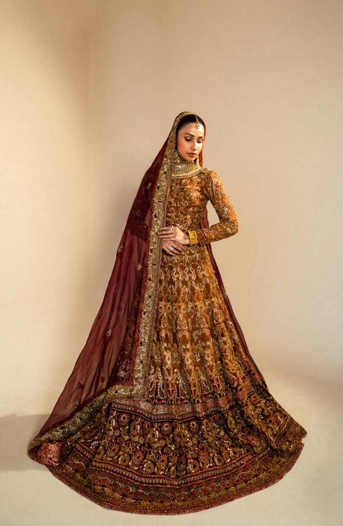 Bridal Lehenga Choli Set in Rust Organza