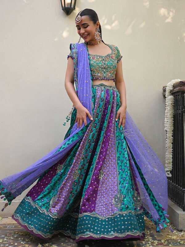 Sea Green Lehenga Choli with Lavender Net Dupatta