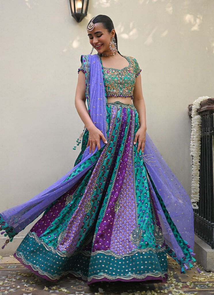 Sea Green Lehenga Choli with Lavender Net Dupatta