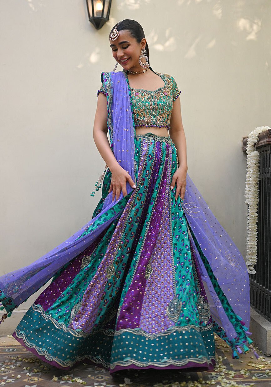 Sea Green Lehenga Choli with Lavender Net Dupatta