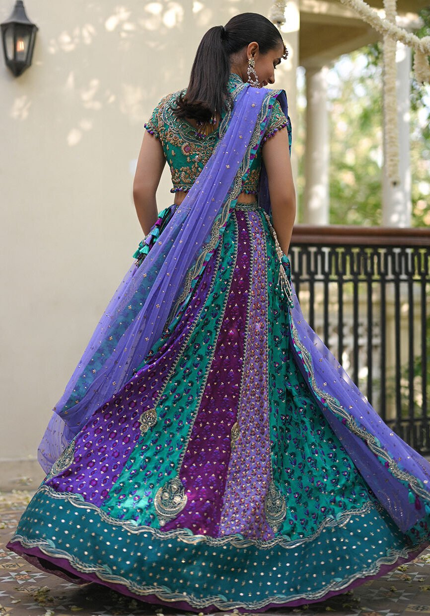 Sea Green Lehenga Choli with Lavender Net Dupatta