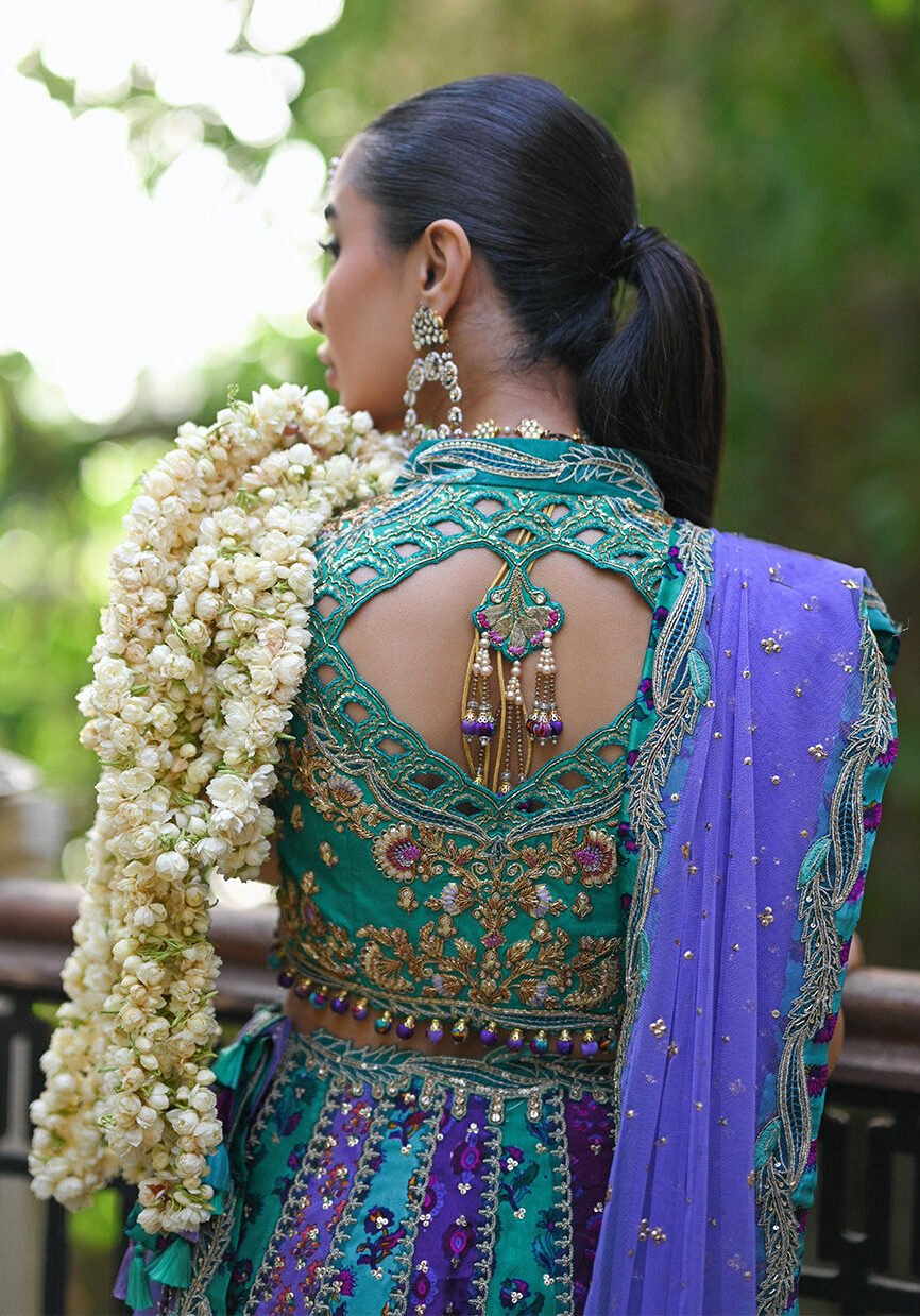 Sea Green Lehenga Choli with Lavender Net Dupatta