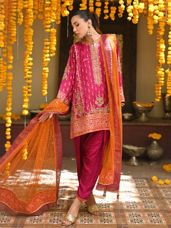 Hot Pink Hand Blocked Short Kurta Shalwar Kameez