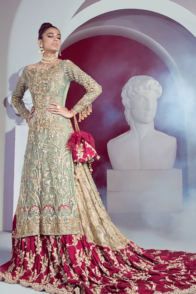 Exquisite Mint Red Bridal Lehenga Choli