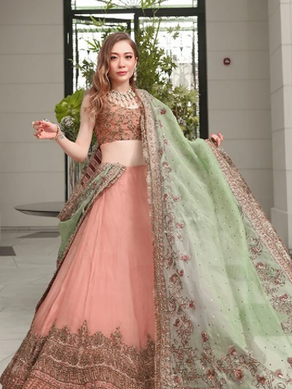 Salmon Pink Organza Lehenga