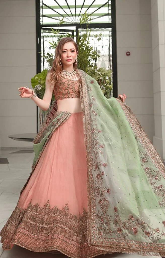 Salmon Pink Organza Lehenga