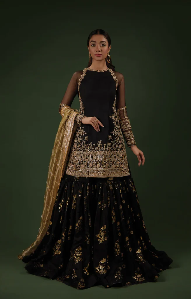 Black Silk Chiffon Foil Printed Gharara