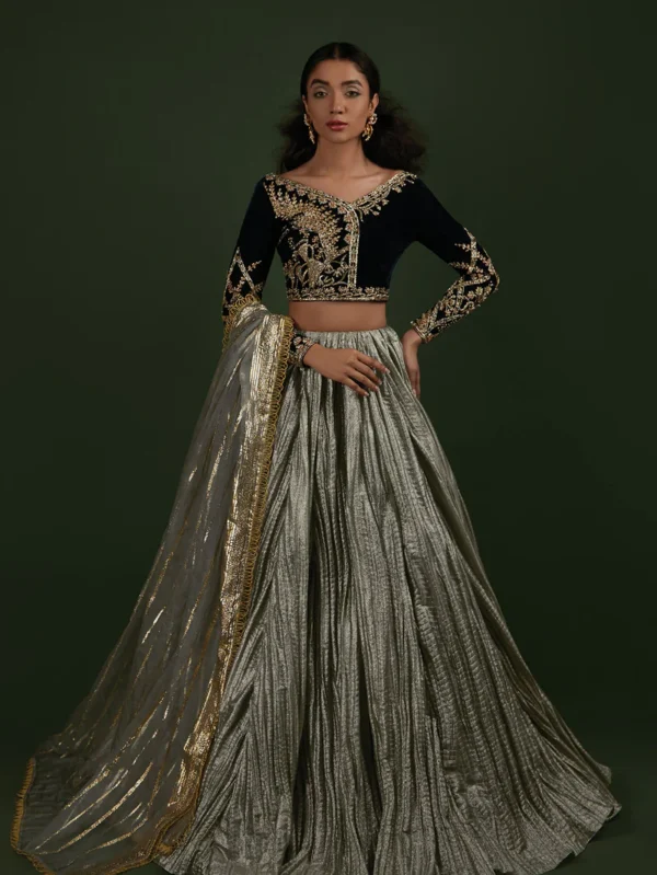 Teal Velvet Choli Lehenga Set