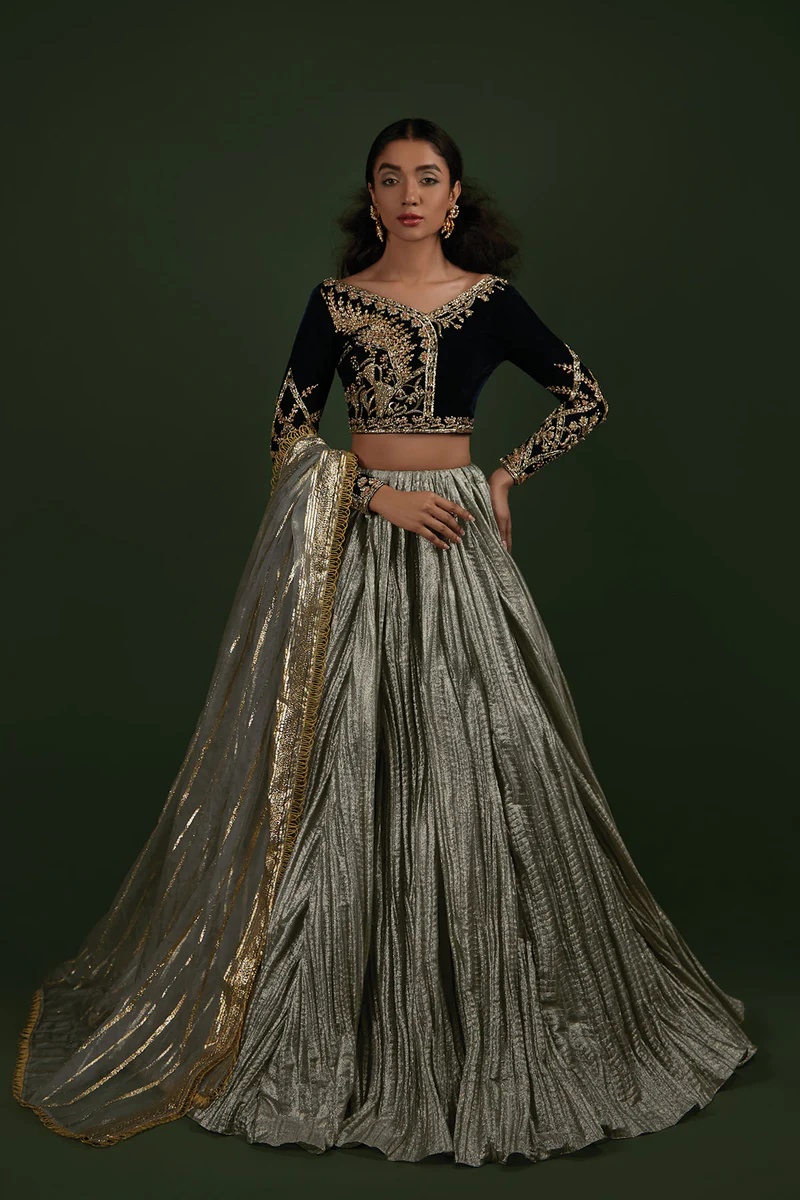 Teal Velvet Choli Lehenga Set