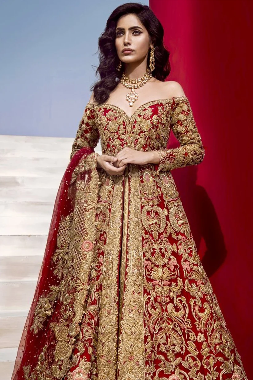 Exquisite Red and Gold Tissue Lehenga Bridal