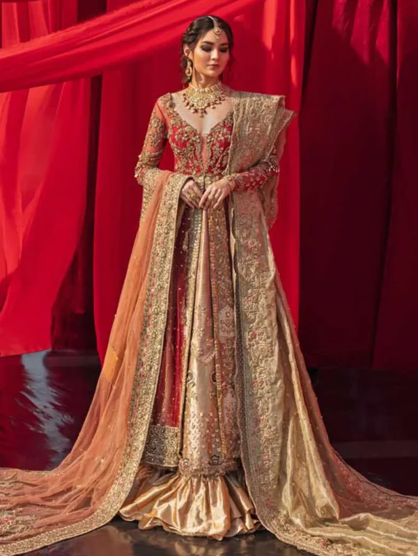 Elegant Red and Gold Bridal Pishwas