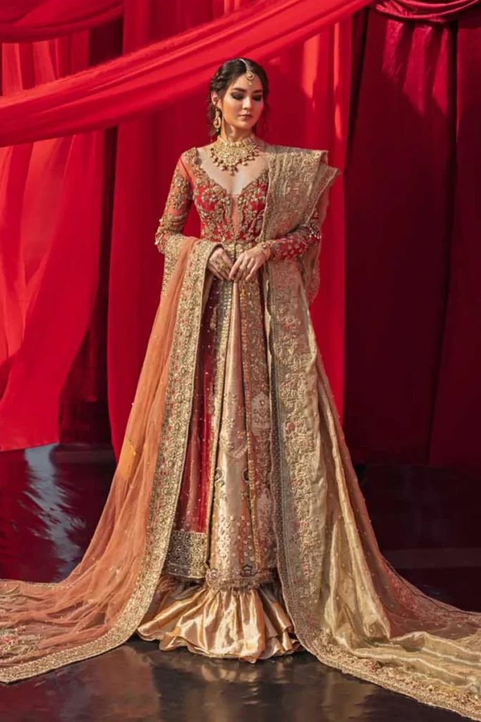 Elegant Red and Gold Bridal Pishwas