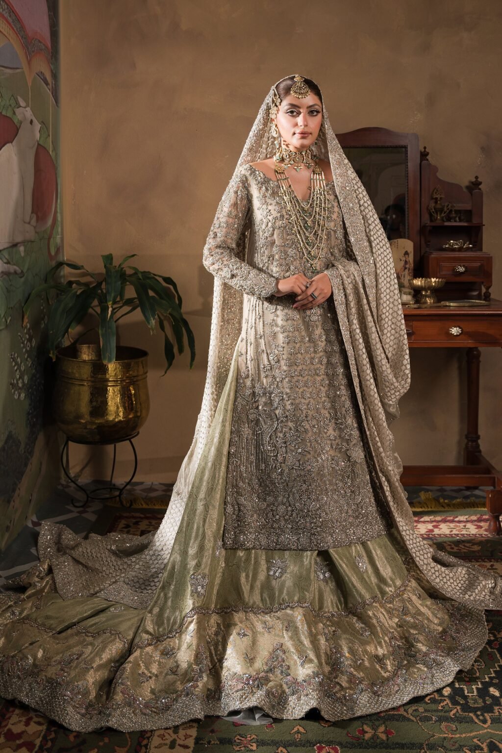 Silvery Champagne and Mint Green Bridal Lehnga