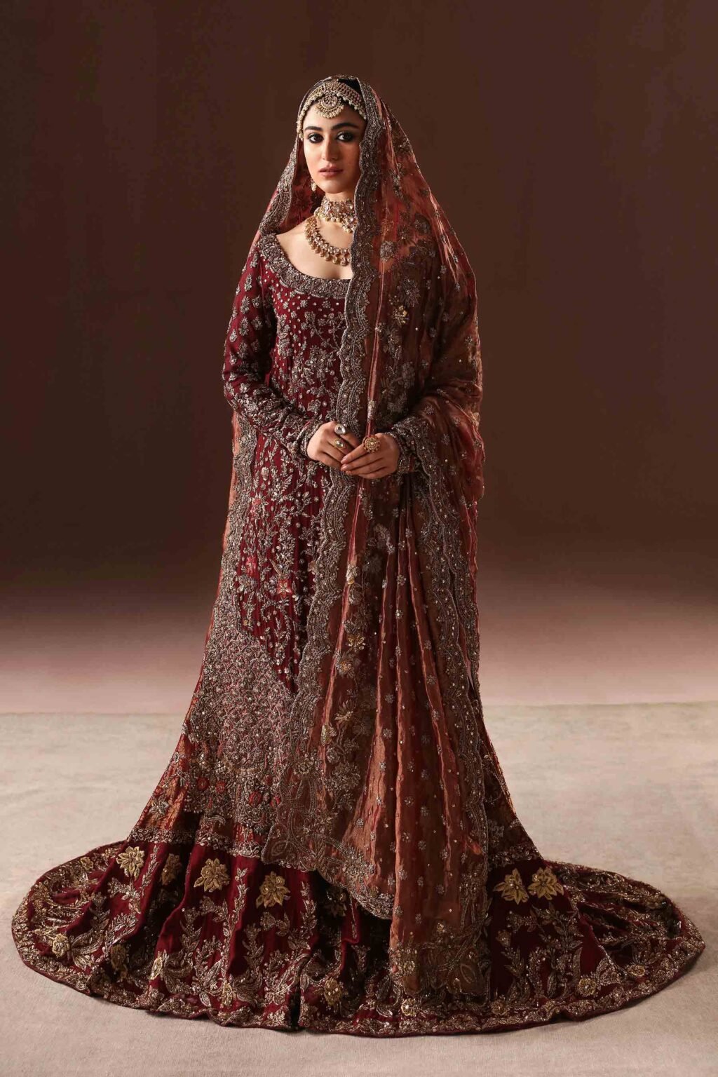 Deep Maroon and Gold Bridal Gharara Set