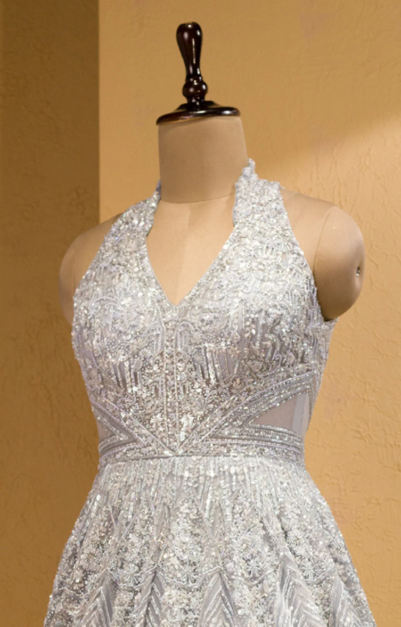 Light Grey Net Halter Gown