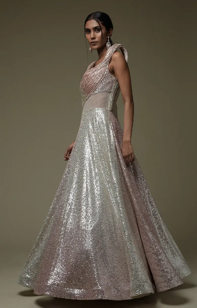 Pink Grey Net Gown with Illusion Neckline ELYSIAN Collection