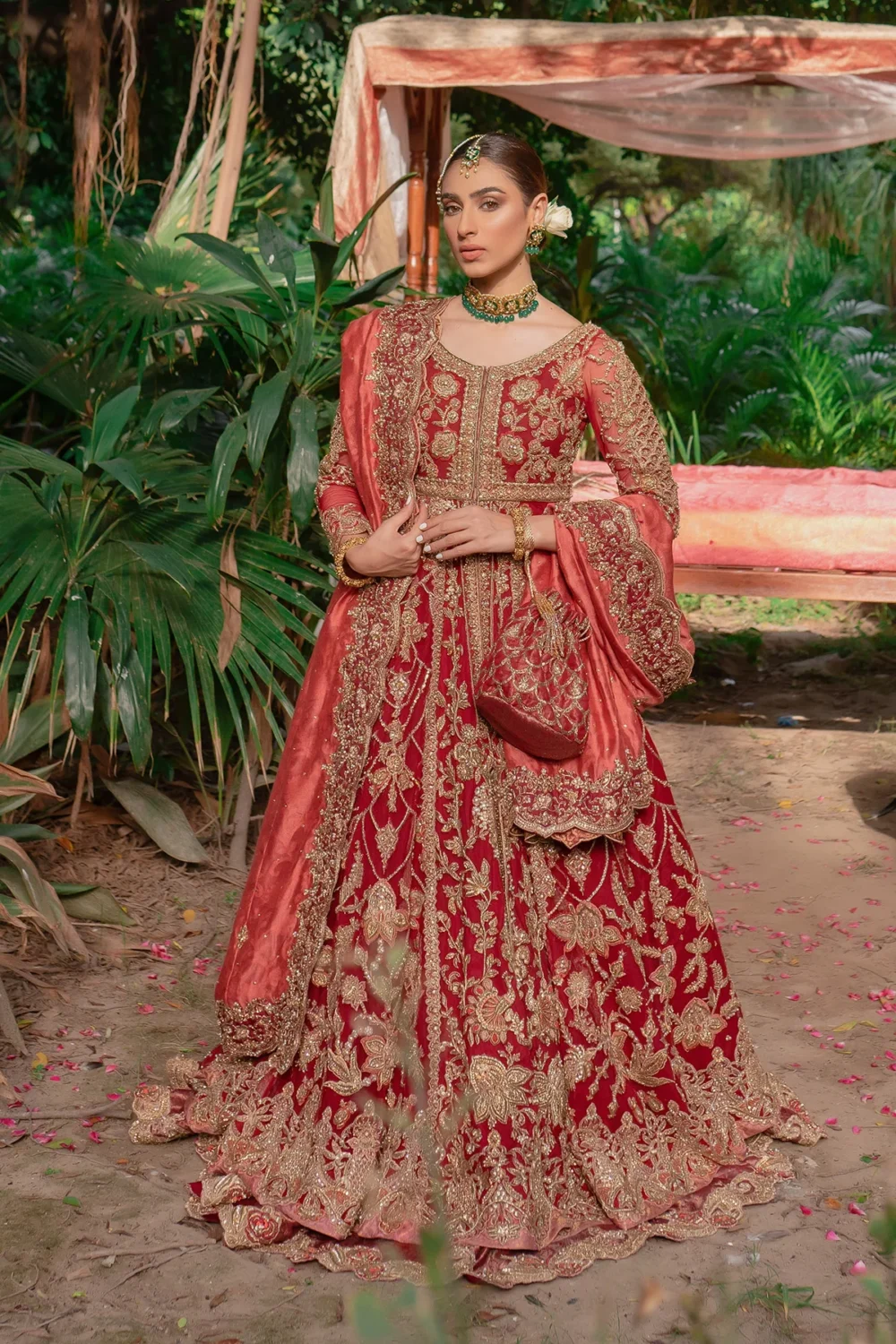 Exquisite Red and Pink Bridal Zardozi with Potli