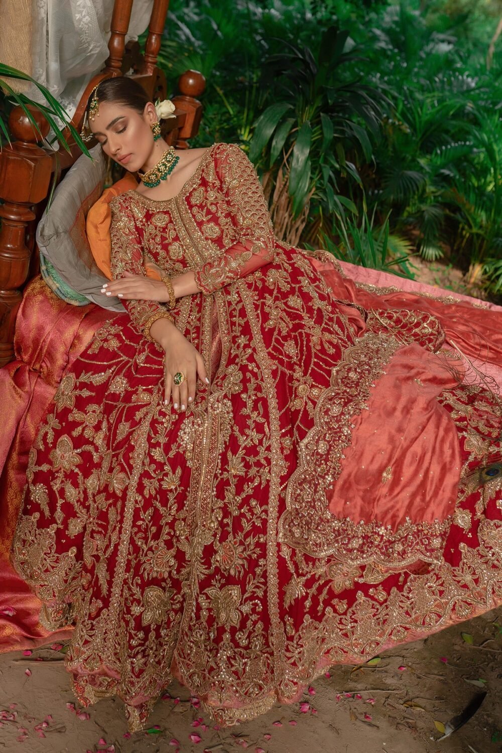 Exquisite Red and Pink Bridal Zardozi with Potli