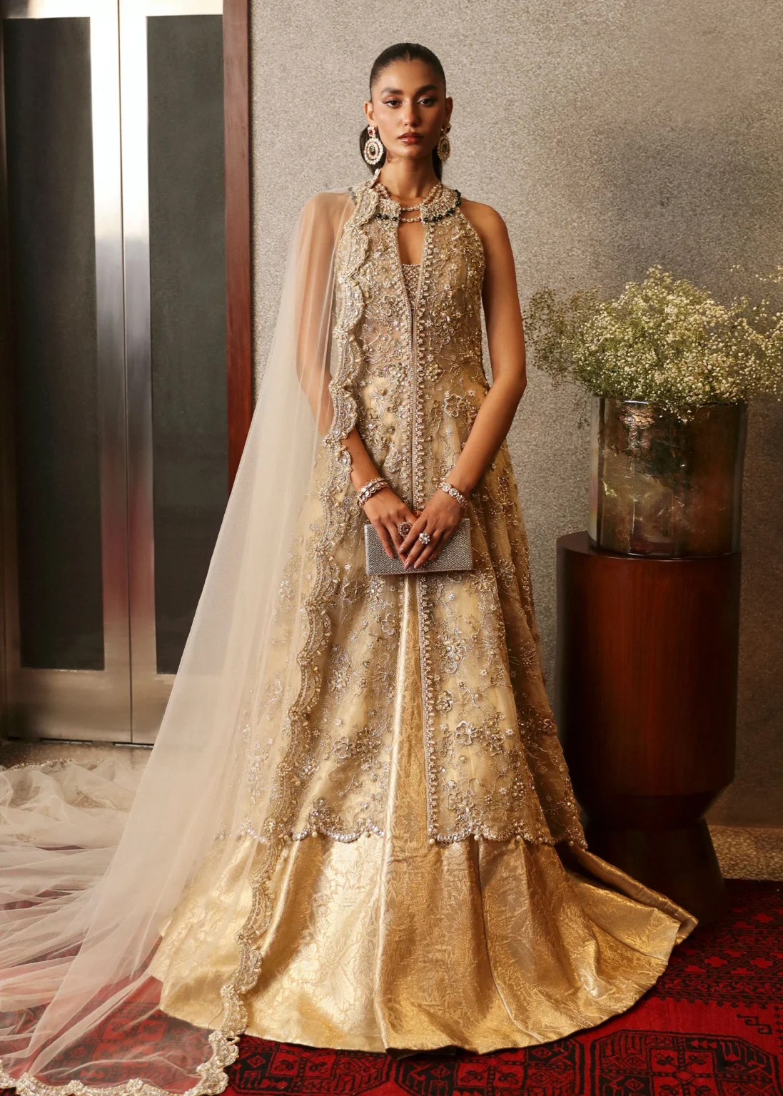 Exquisite Gold Bridal Gown with Floral Embroidery