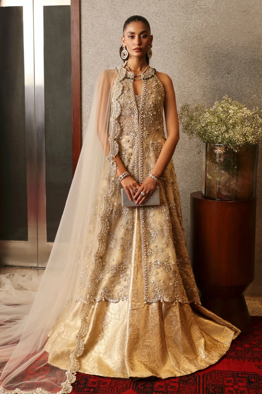 Exquisite Gold Bridal Gown with Floral Embroidery