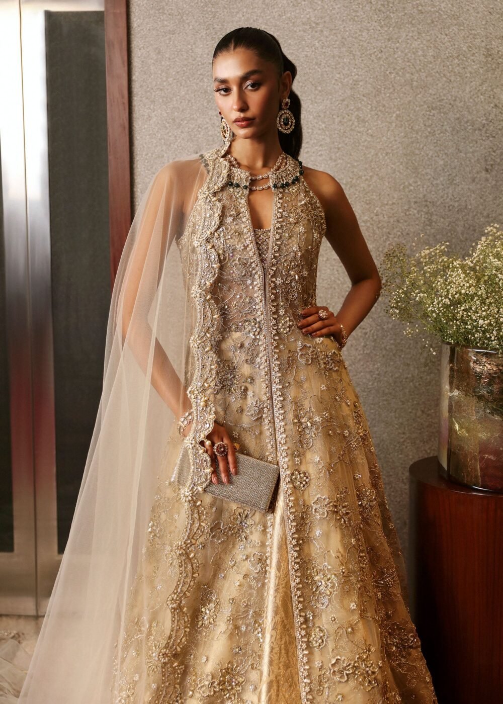 Exquisite Gold Bridal Gown with Floral Embroidery