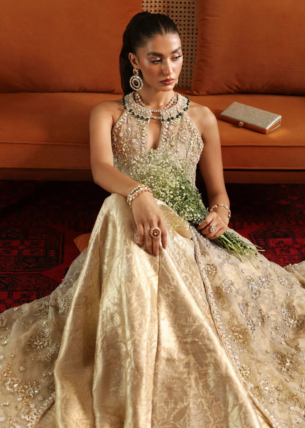 Exquisite Gold Bridal Gown with Floral Embroidery