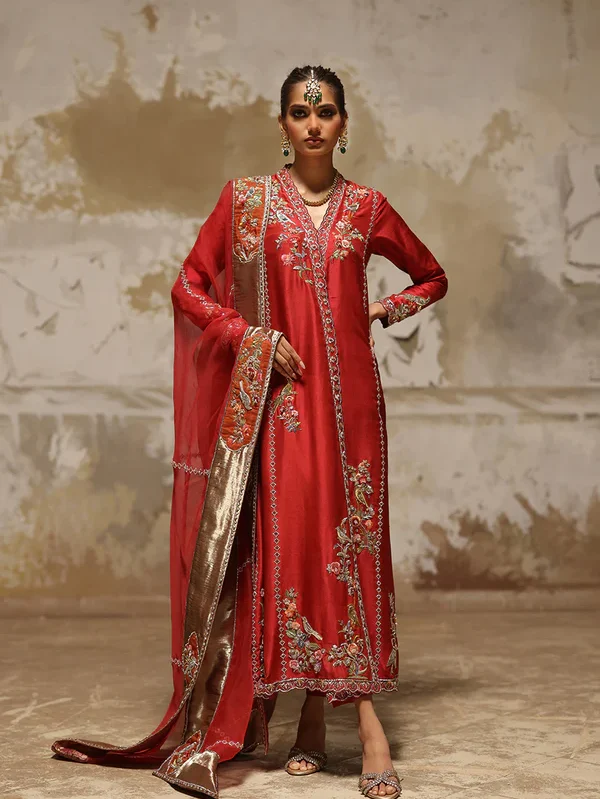 Red Pure Raw Silk Chogha with Zardozi Embroidery