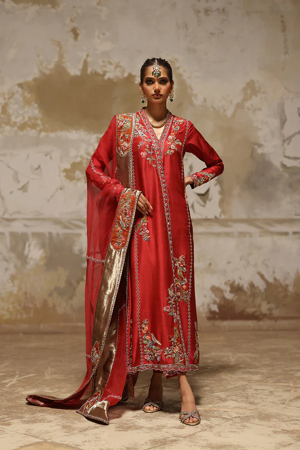 Red Pure Raw Silk Chogha with Zardozi Embroidery