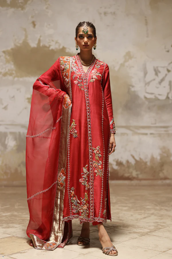 Red Pure Raw Silk Chogha with Zardozi Embroidery