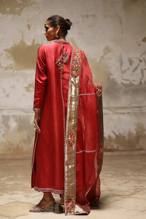 Red Pure Raw Silk Chogha with Zardozi Embroidery