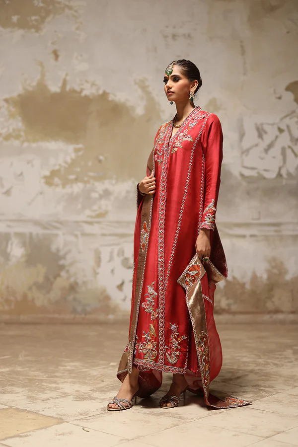 Red Pure Raw Silk Chogha with Zardozi Embroidery