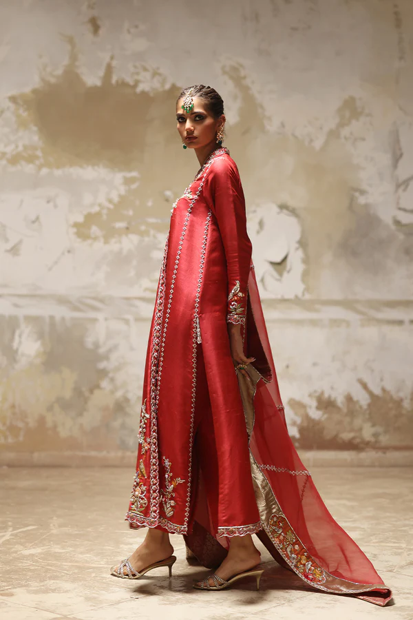 Red Pure Raw Silk Chogha with Zardozi Embroidery