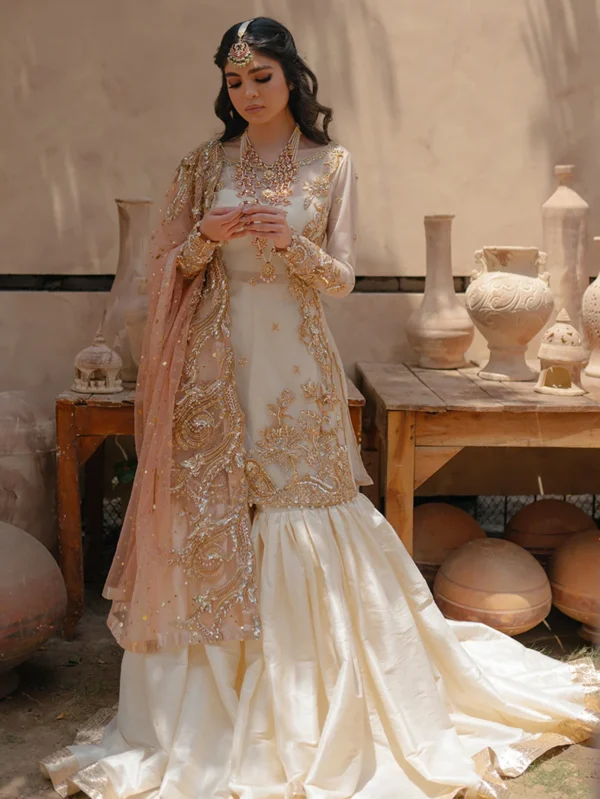 White and Peach Shirt Gharara Bridal Set