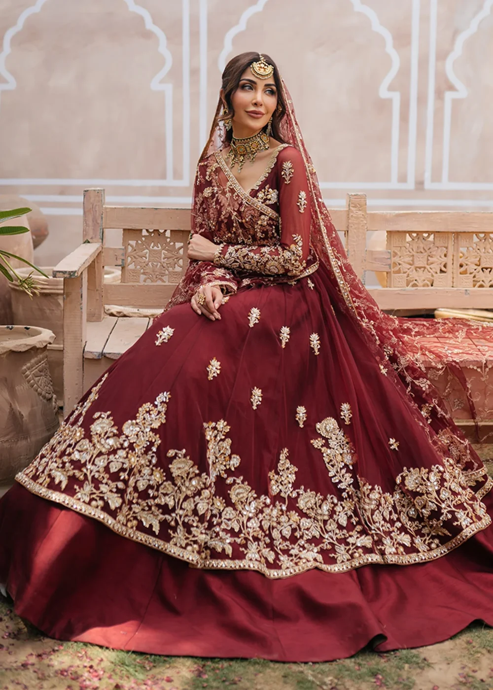 Burgundy Lehnga Peshwas Bridal Ensemble