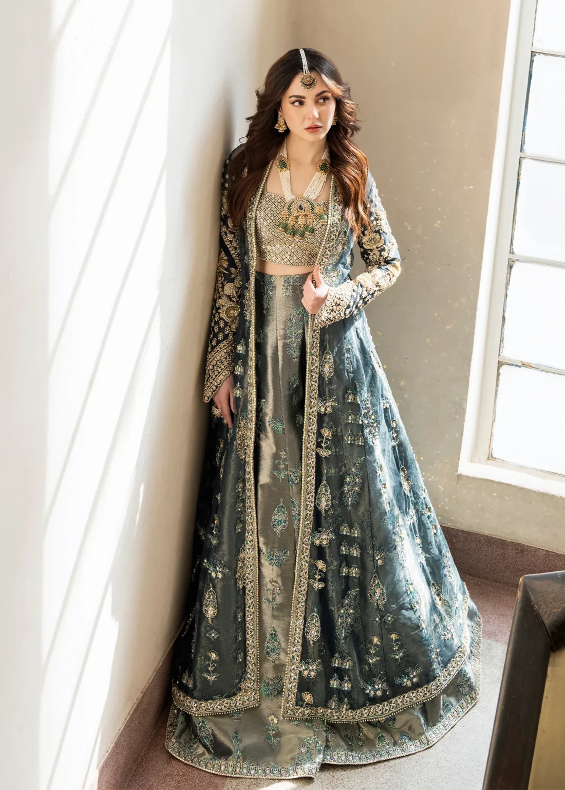 Exquisite Teal Jacket and Sharara Bridal