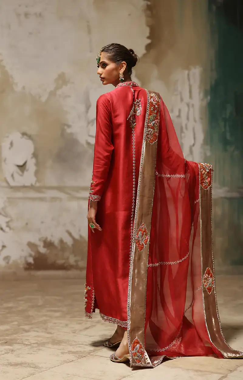 Red Silk Chogha with Aari and Zardozi Embroidery