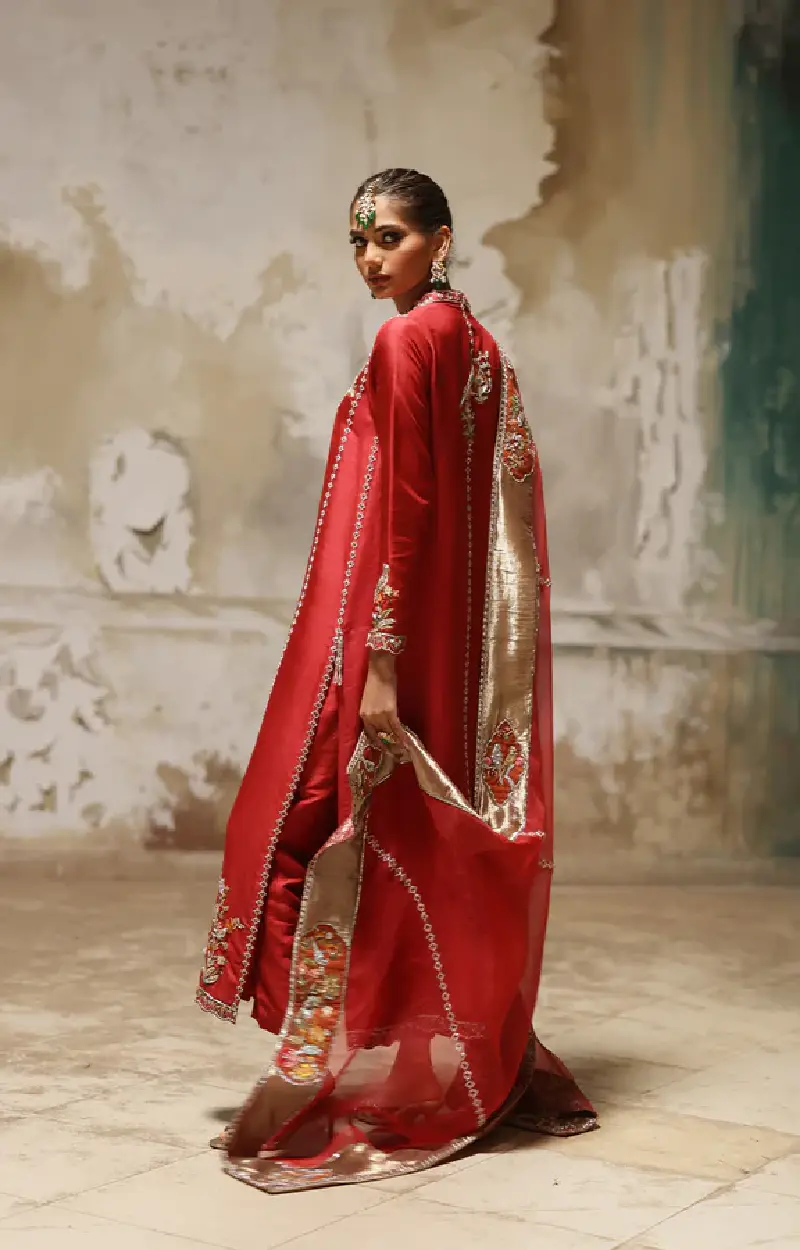 Red Silk Chogha with Aari and Zardozi Embroidery