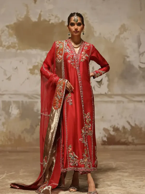 Red Silk Chogha with Aari and Zardozi Embroidery