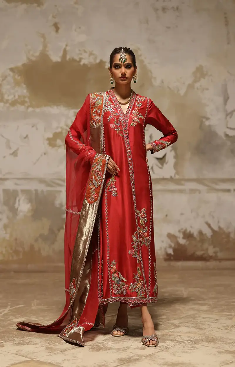 Red Silk Chogha with Aari and Zardozi Embroidery