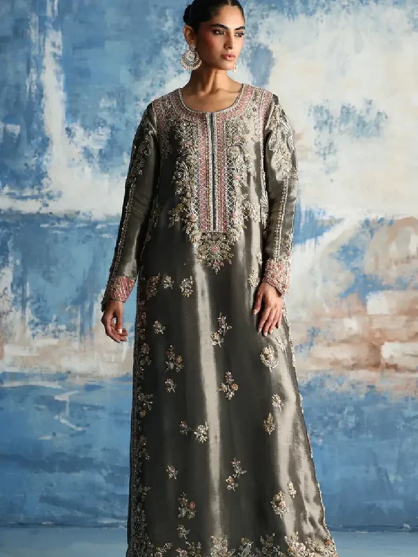 Grey Metallic Silk Kaftan with Intricate Embroidery