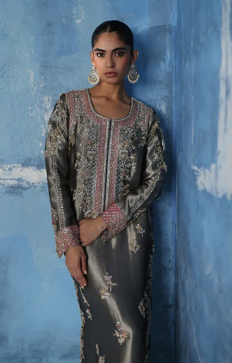 Grey Metallic Silk Kaftan with Intricate Embroidery