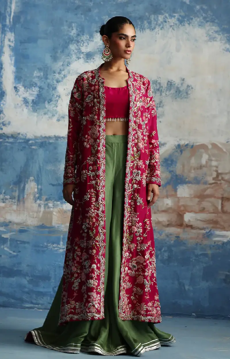 Magenta Silk Jacket Set with Intricate Embroidery