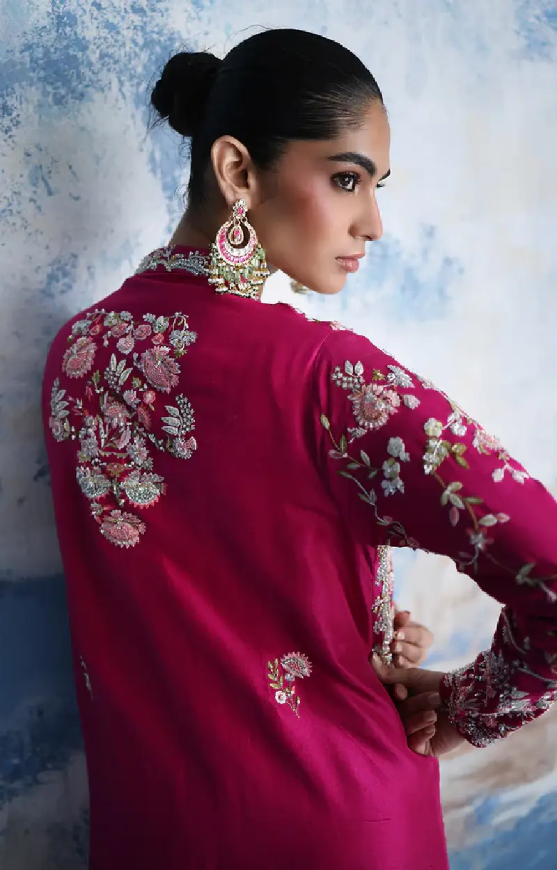 Magenta Silk Jacket Set with Intricate Embroidery