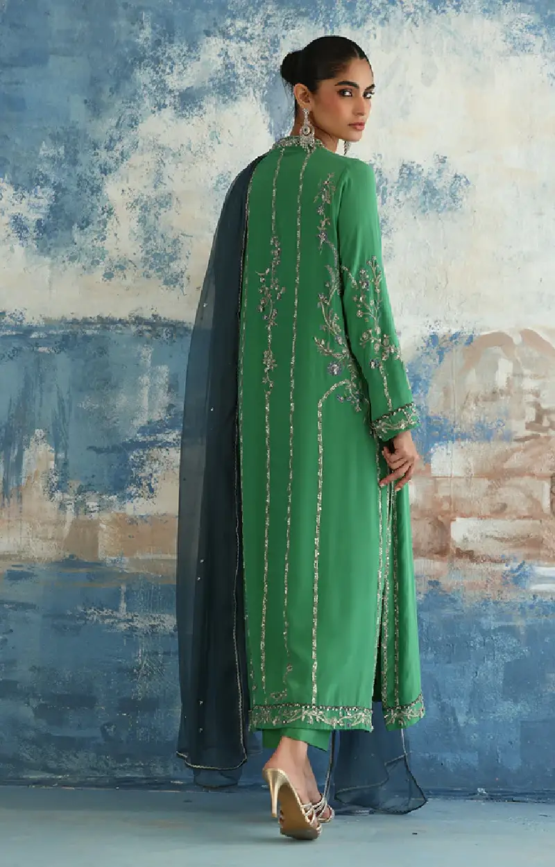 Luxury Green Silk Shirt and Pants Set with Dupatta