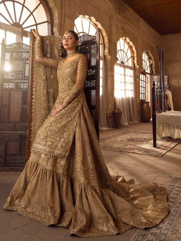 Dust Gold Shirt with Gharara and Red Dupatta Bridal