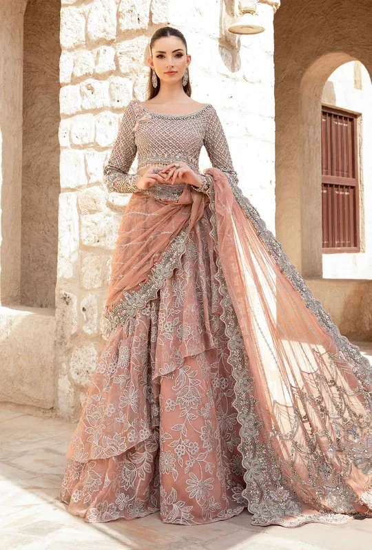 Silver Peach Floral Lehenga Choli Bridal