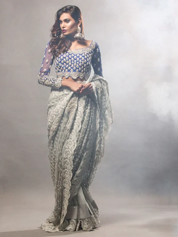 Ash Grey Sari with Cobalt Blue Blouse